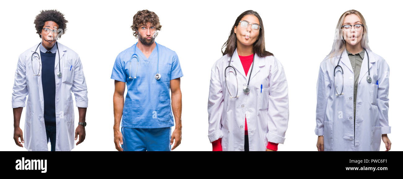 Collage De Groupe De Medecin Infirmiere Chirurgien Isole Les Personnes De Plus Rendant La Face De Poisson Avec Les Levres Fou Et Geste Comique Drole D Expression Photo Stock Alamy