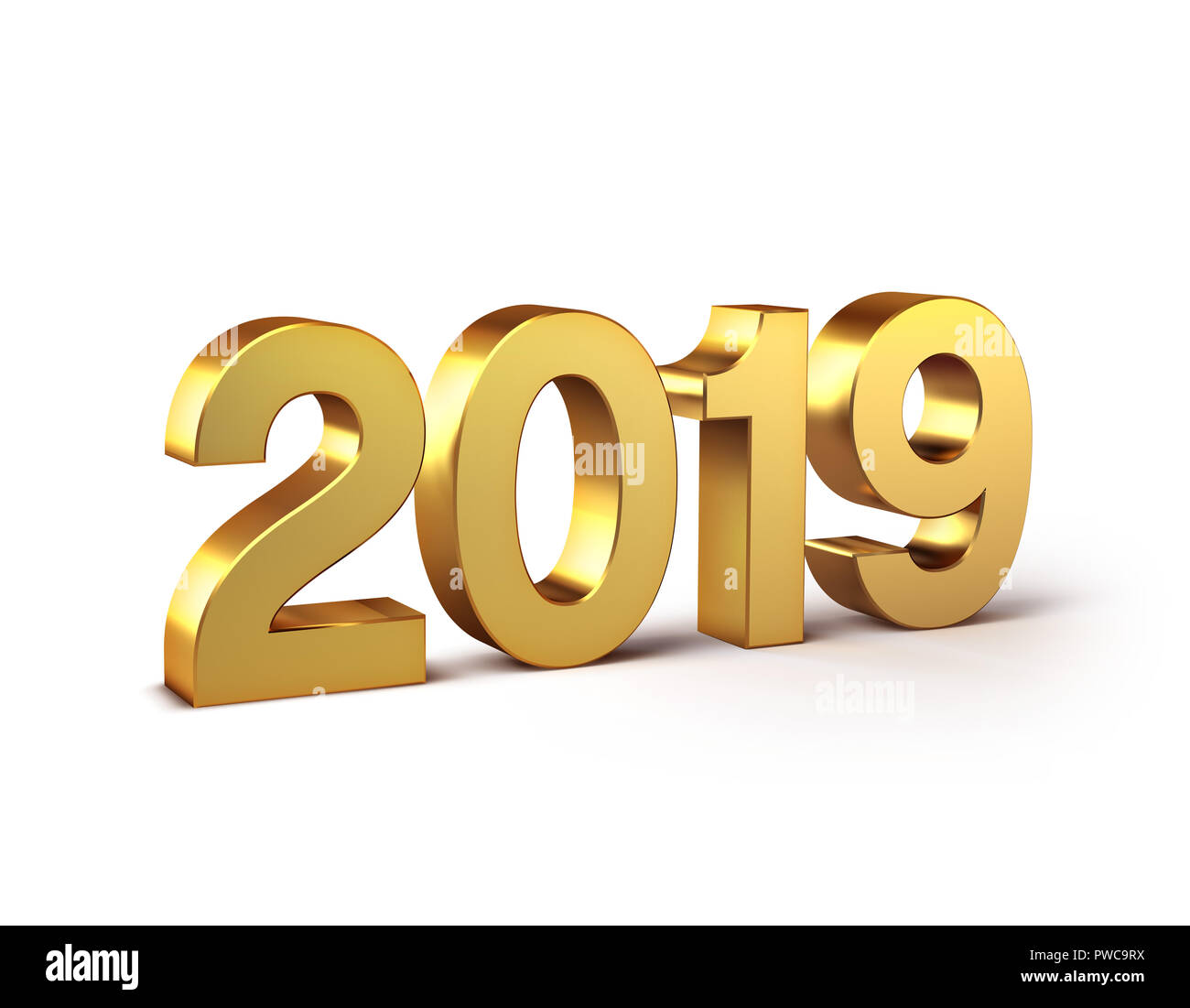 Nouvelle Année 2019 Date Numéro de couleur, en or et isolé sur blanc - 3D illustration Banque D'Images