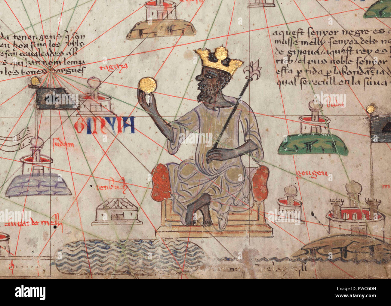 Détail de l'Atlas Catalan, feuille 6 montrant Mansa Musa, 1375 Banque D'Images