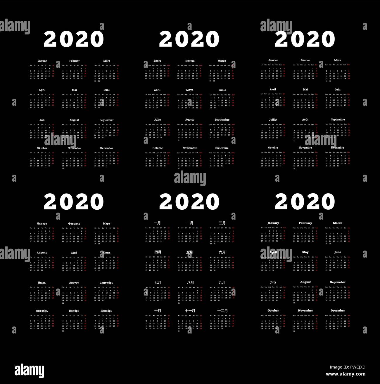 Ensemble de l'année 2020 vertical simple calendriers sur différentes langues comme l'anglais, allemand, russe, français, espagnol et chinois sur dark Illustration de Vecteur