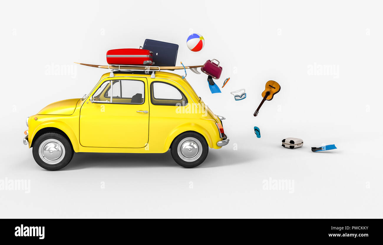 Le rendu 3D de l'image vintage petite voiture plage animaux perdus Banque D'Images