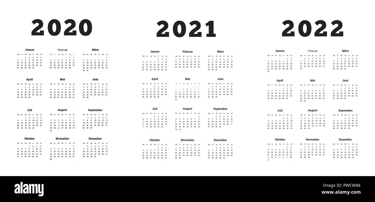 Ensemble de format A4 calendriers simple vertical en allemand au 2020, 2021, 2022 ans on white Illustration de Vecteur