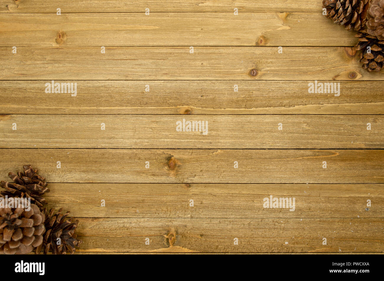 Planche en bois rustique avec des pommes de pin d'arrière-plan Banque D'Images
