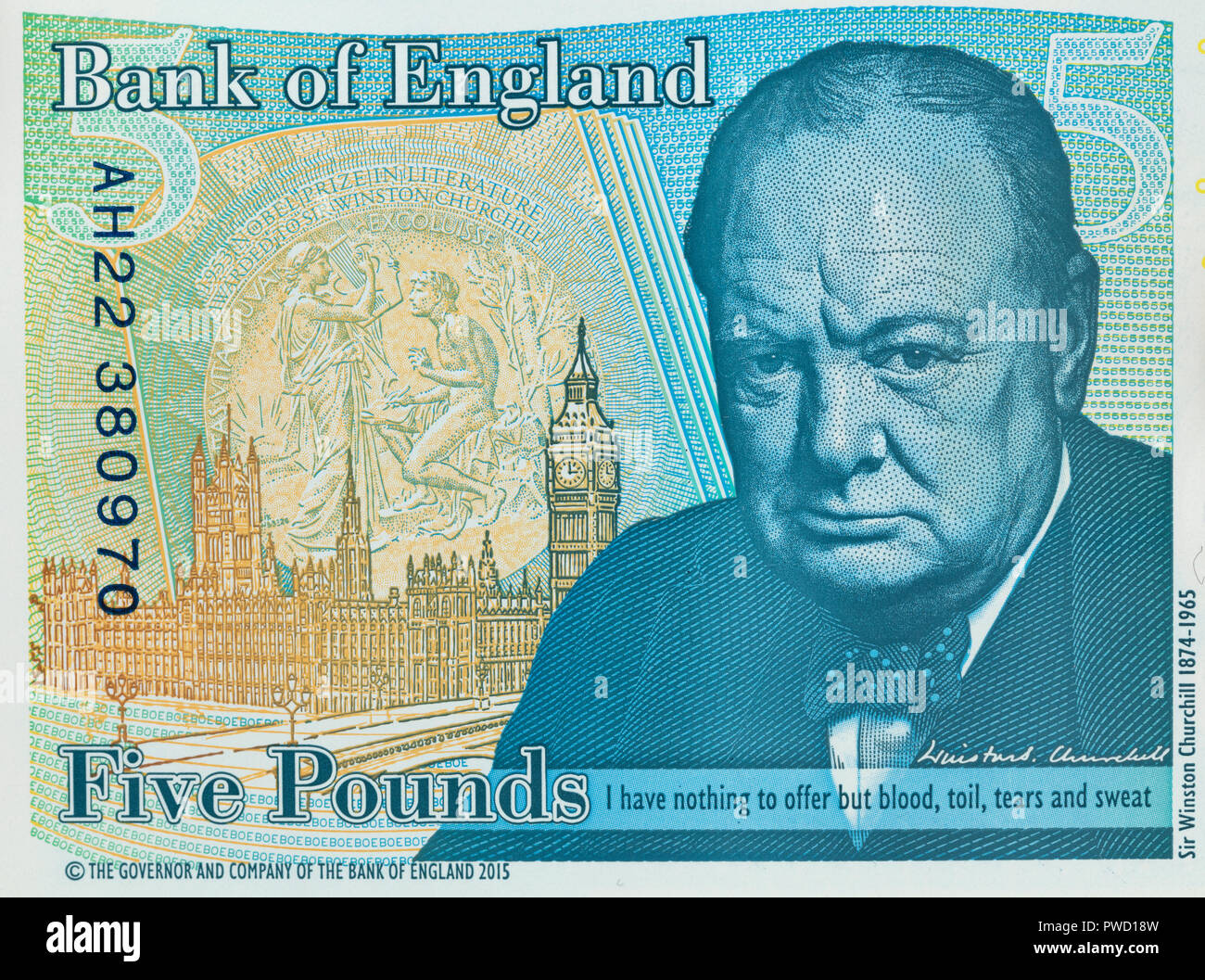 Portrait de Winston Churchill à partir de 5 livres billet, UK, 2015 Banque D'Images