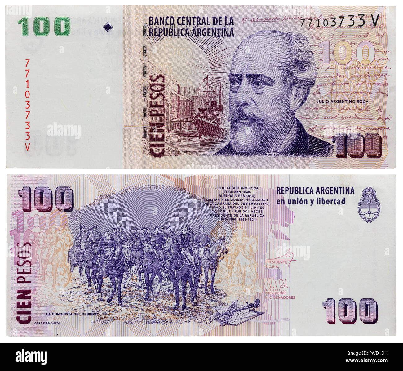 Billet de 100 pesos, Julio Argentino Roca, conquête du désert peinture, Argentine Banque D'Images