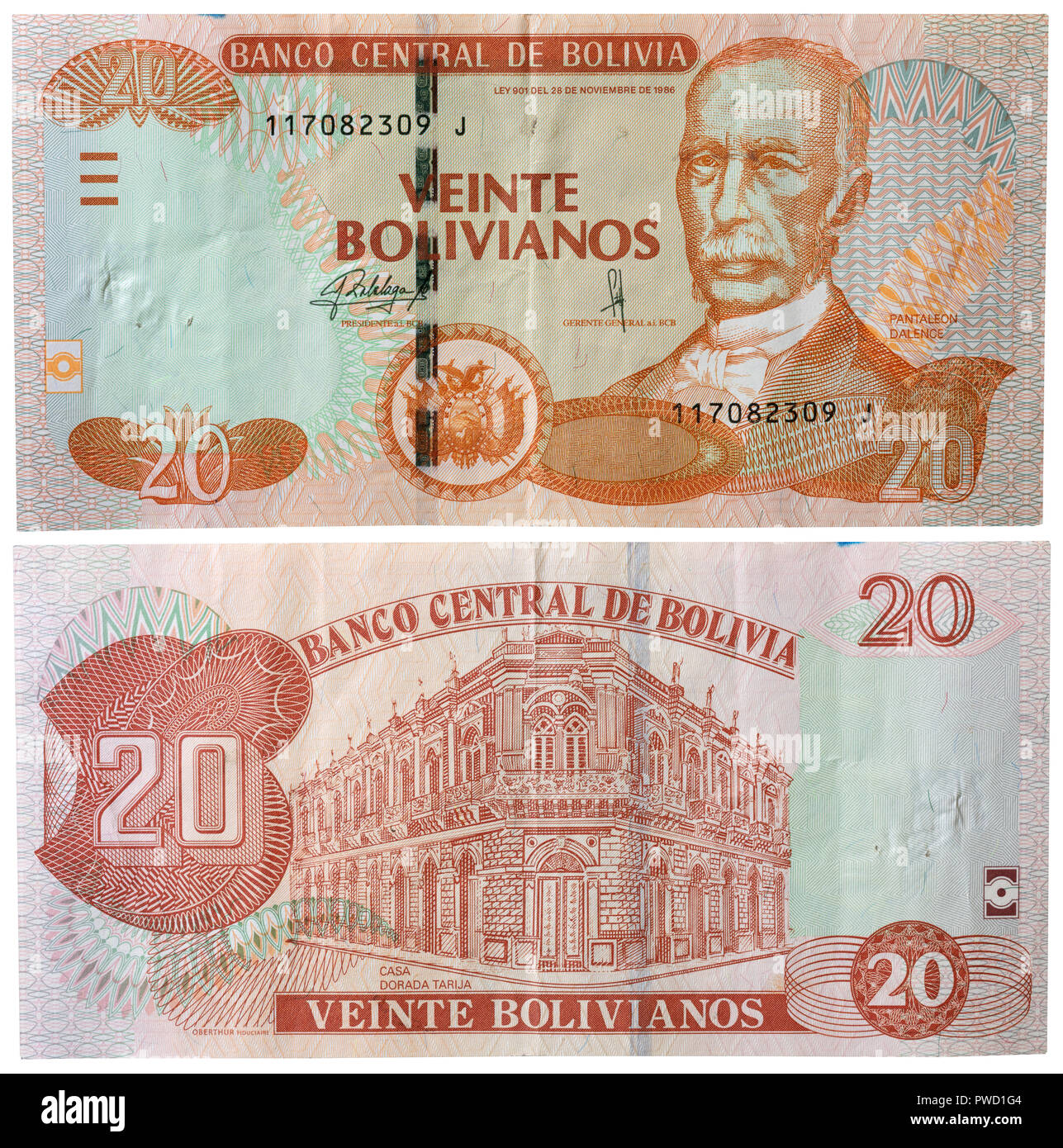 20 bolivianos Pantaleon Dalence, billets, Casa Dorada à Tarija, Bolivie Banque D'Images
