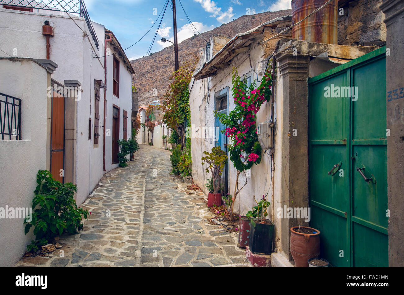 Belle vue sur ruelle pittoresque avec des maisons traditionnelles fleurs colorées et rue pavée, dans un village de Crète. Banque D'Images