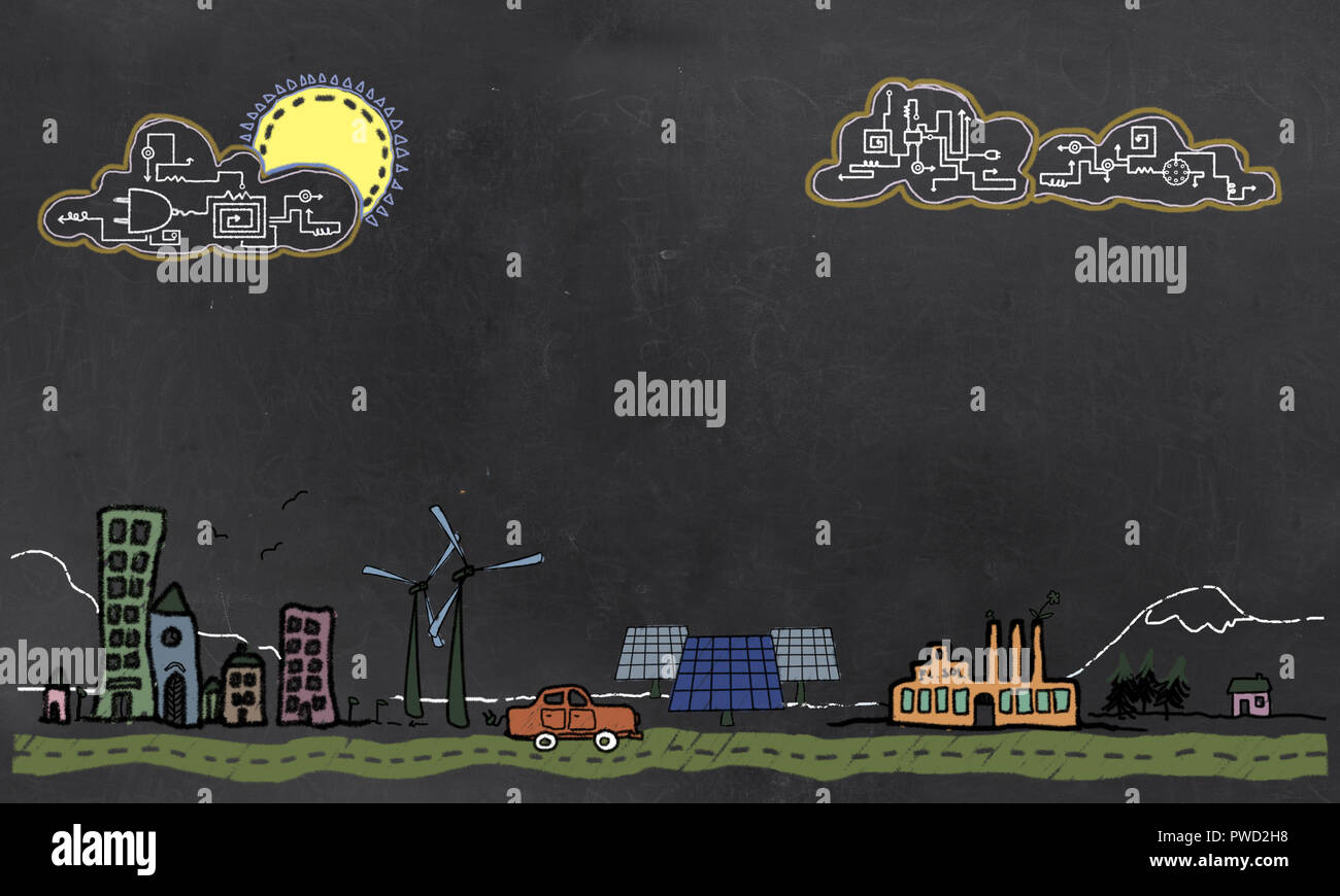 Avenir de la technologie et de l'énergie renouvelable sur tableau noir avec espace pour l'écriture Banque D'Images