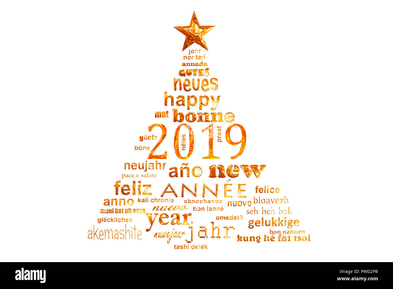 Nouvel an 2019 nuage de mots de texte multilingue carte de souhaits sous la forme d'un arbre de Noël Banque D'Images