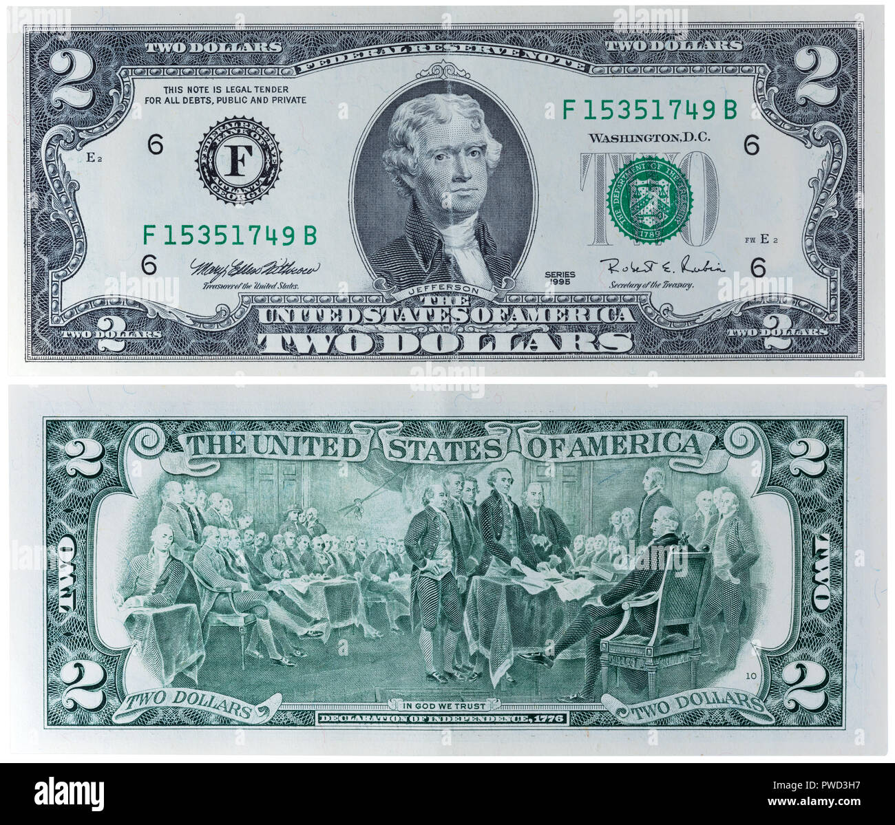 Billet de 2 dollars, Thomas Jefferson, Déclaration d'indépendance, USA, 1995 Banque D'Images