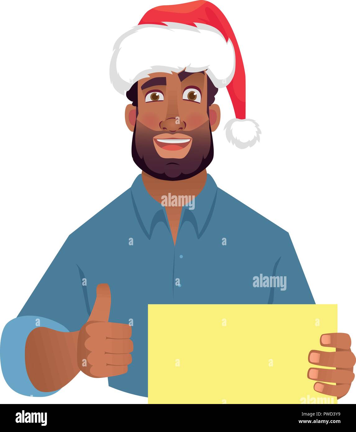 African man in christmas hat holding carte vierge. African American man with Thumbs up. Vector illustration Illustration de Vecteur