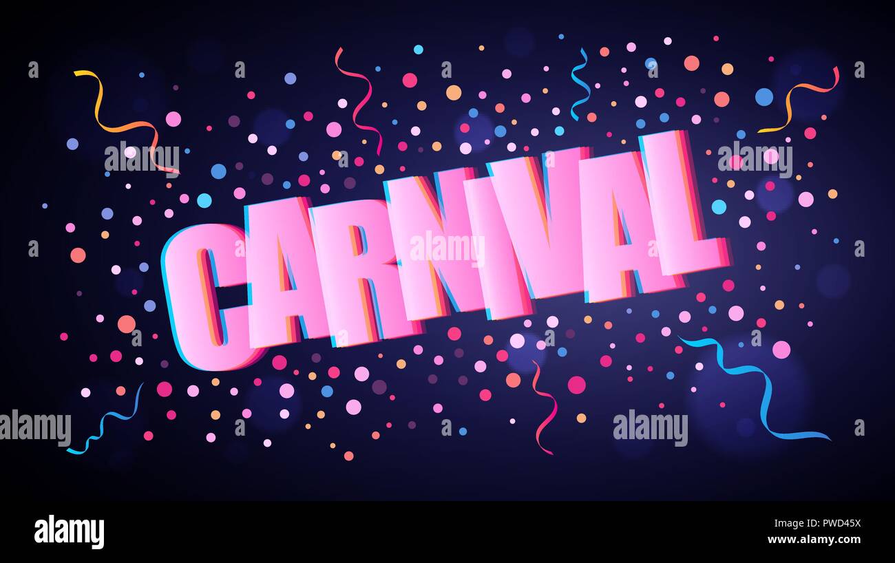 Carnaval de fête qui se chevauchent avec lettrage ronde de couleur violet foncé plus de confettis pour votre arrière-plan graphique et web design Illustration de Vecteur