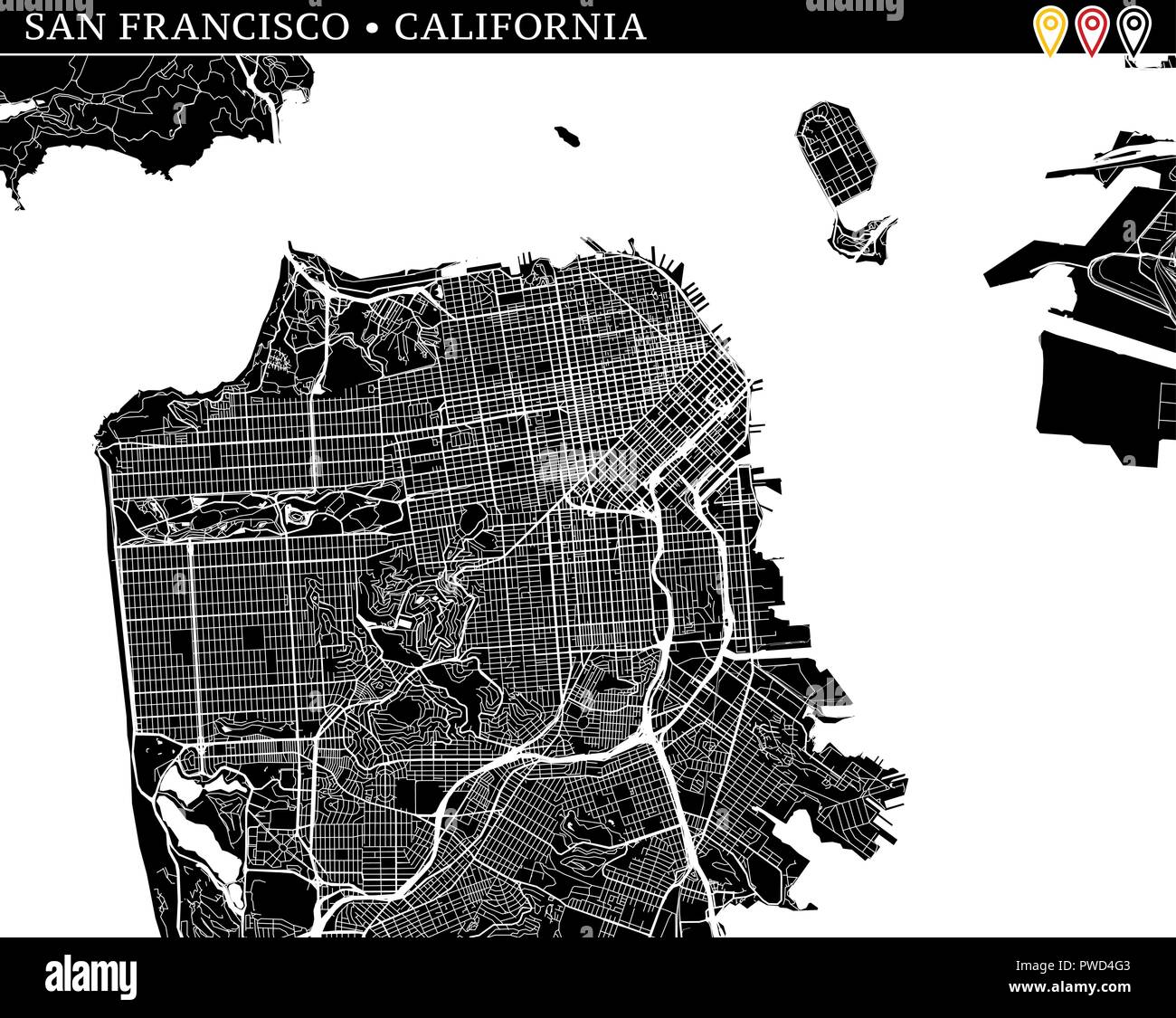 Simple Plan de San Francisco, Californie, USA. Version noir et blanc pour l'assainissement de l'horizons et impressions. Ce plan de San Francisco contient trois marke Illustration de Vecteur
