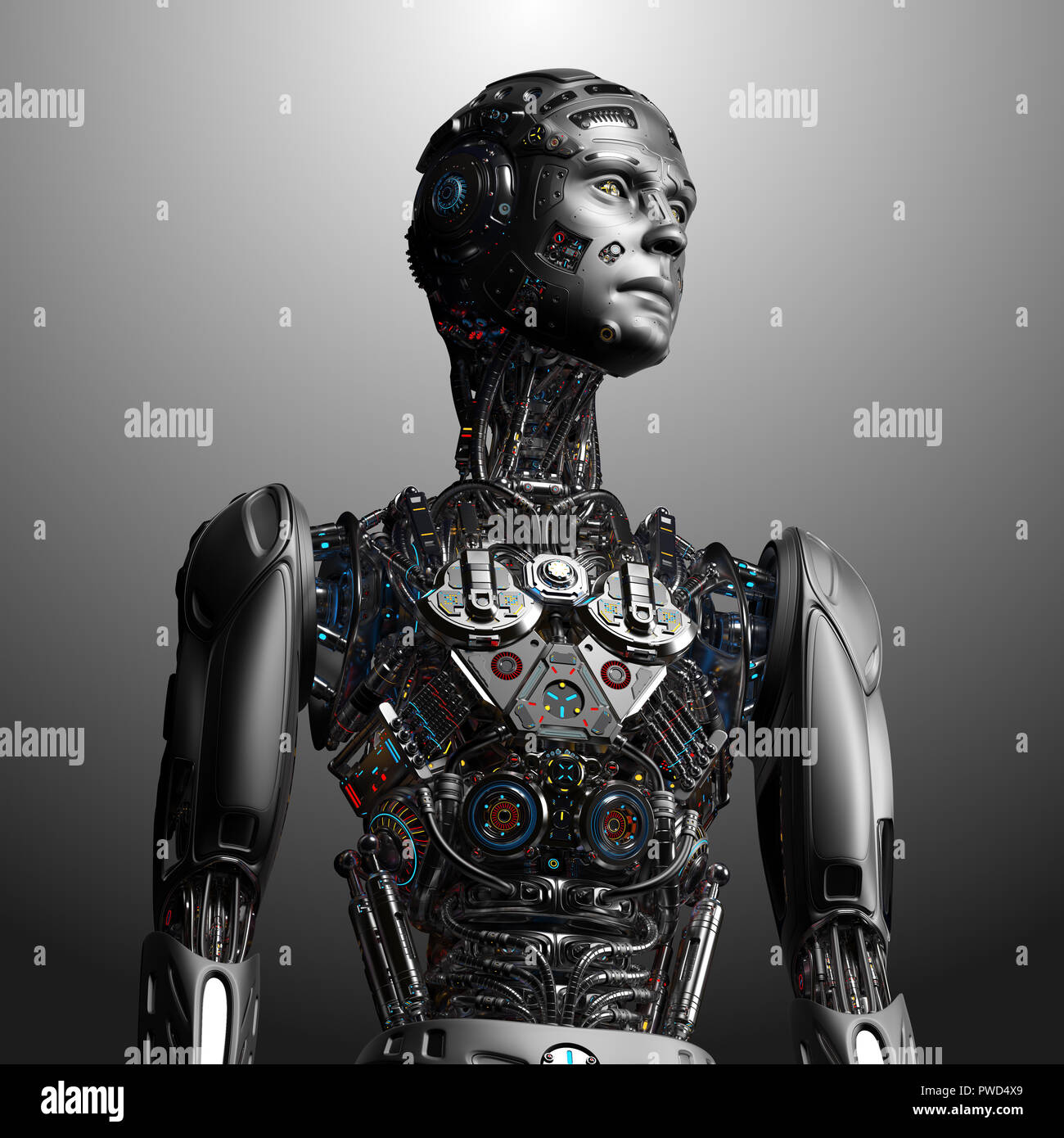Robot-Man. Cyborg futuriste très détaillé. Haut du corps isolé sur fond gris. 3D render. Banque D'Images
