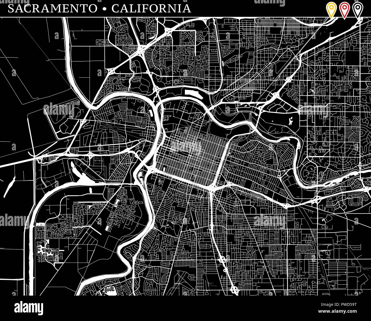 Carte simple de Sacramento, Californie, USA. Version noir et blanc pour l'assainissement de l'horizons et impressions. Cette carte de Sacramento contient trois marqueurs qui Illustration de Vecteur