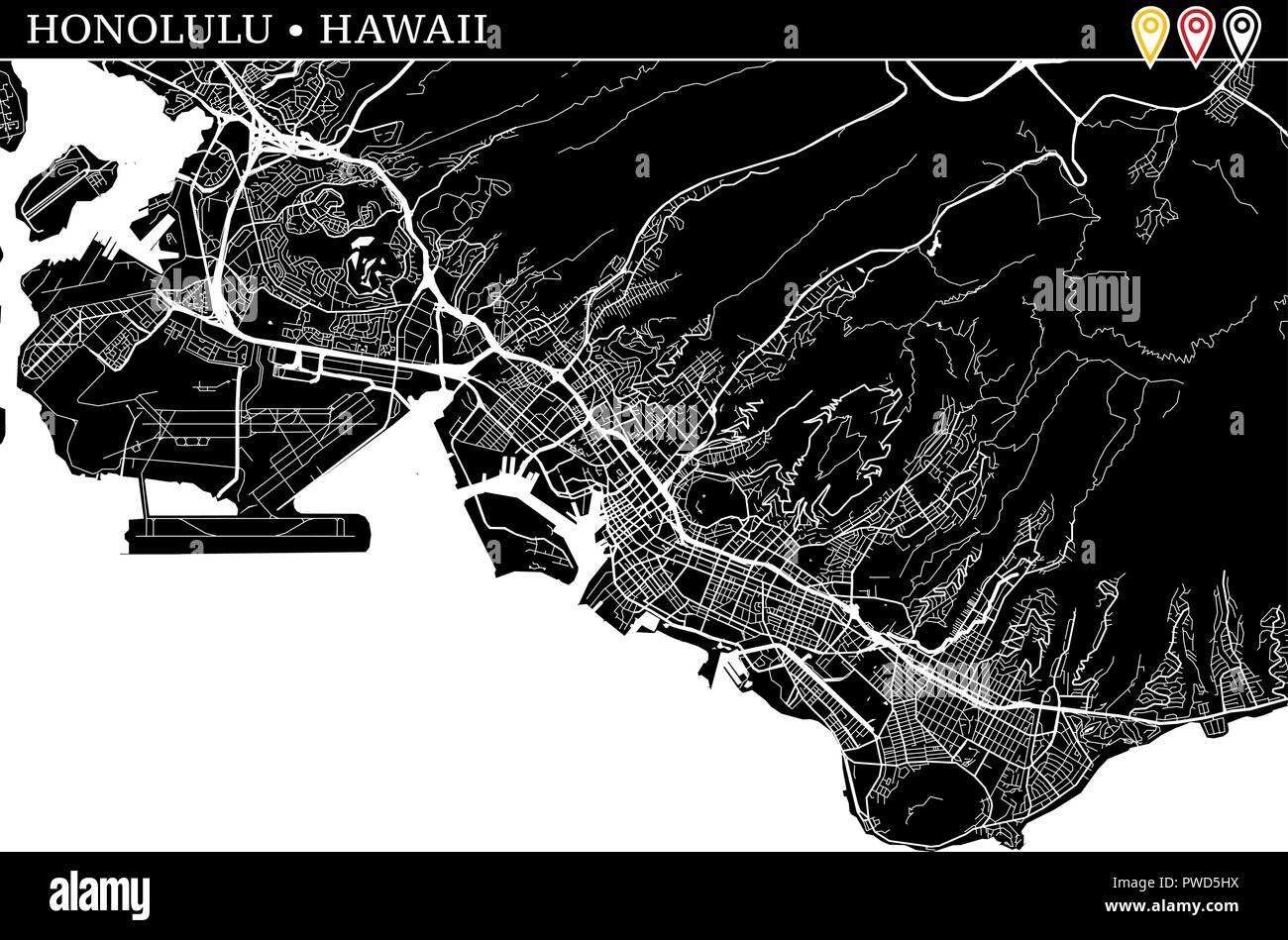 Simple carte de Honolulu, Hawaii, USA. Version noir et blanc pour l'assainissement de l'horizons et impressions. Cette carte d'Honolulu contient trois marqueurs qui sont gro Illustration de Vecteur