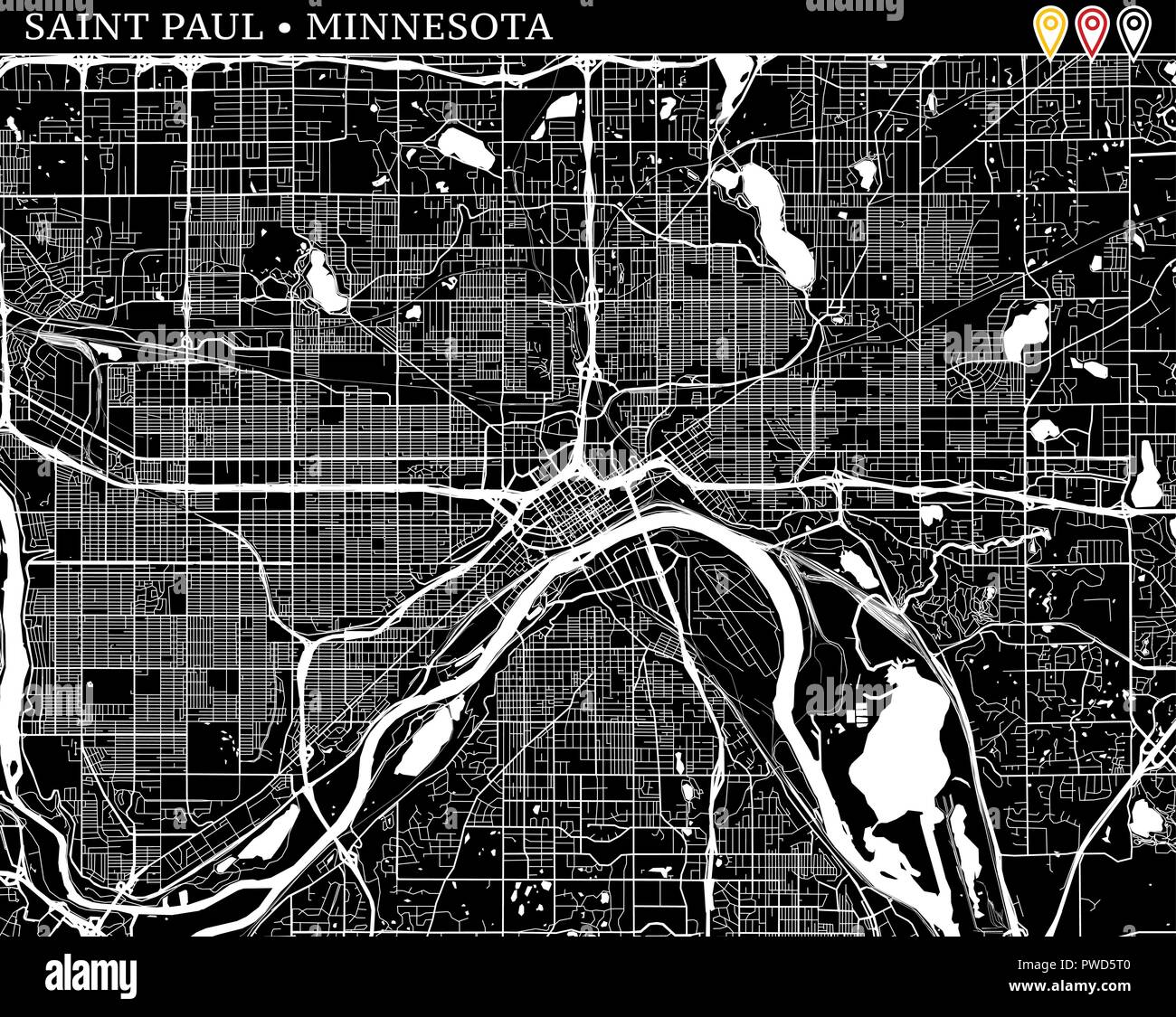 Simple Plan de Saint Paul, Minnesota, USA. Version noir et blanc pour l'assainissement de l'horizons et impressions. Ce plan de Saint Paul contient trois marqueurs qui Illustration de Vecteur