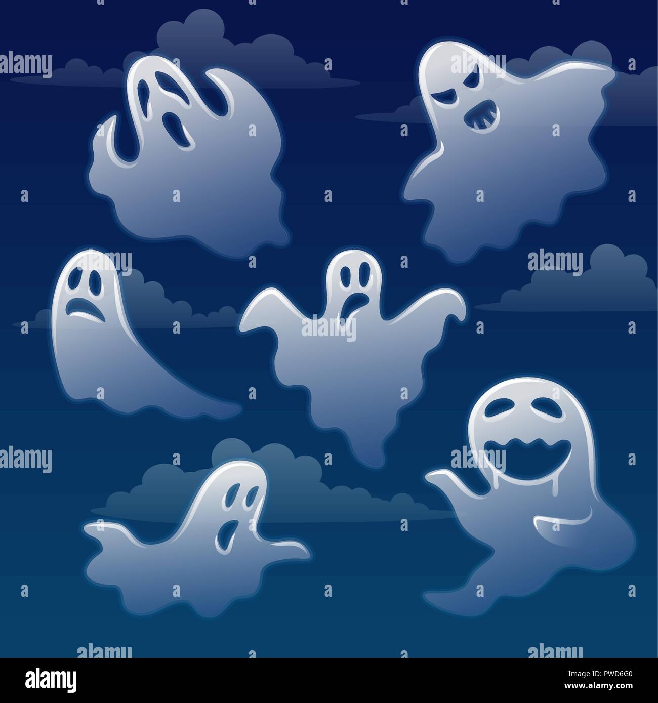 Série de fantômes avec différentes émotions sur ciel avec nuages Illustration de Vecteur