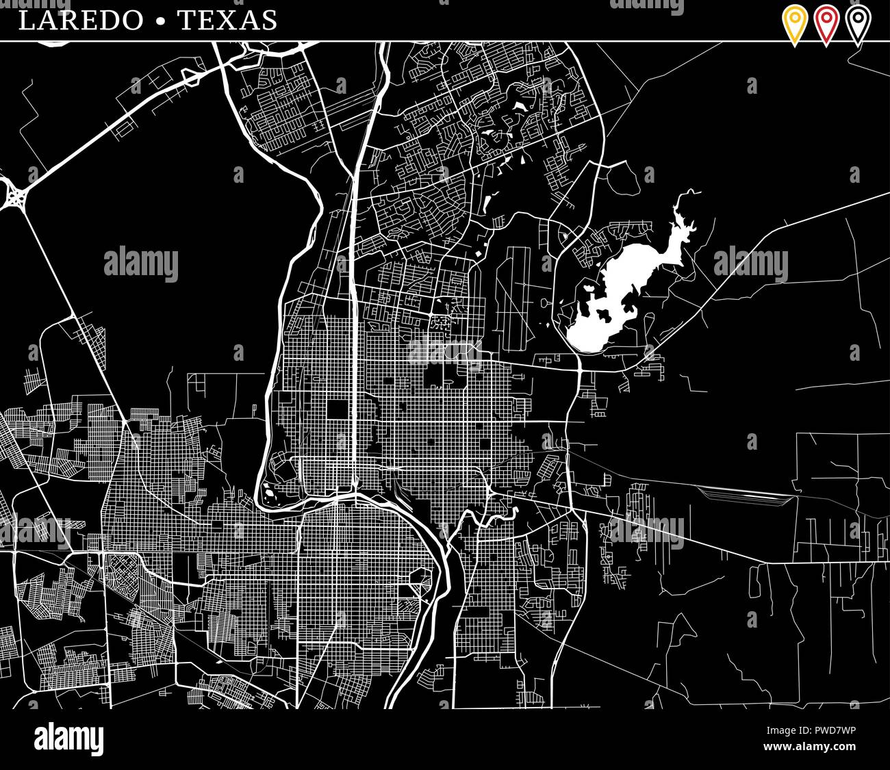 Carte simple de Laredo, Texas, USA. Version noir et blanc pour l'assainissement de l'horizons et impressions. Cette carte de Laredo contient trois marqueurs qui sont regroupés Illustration de Vecteur