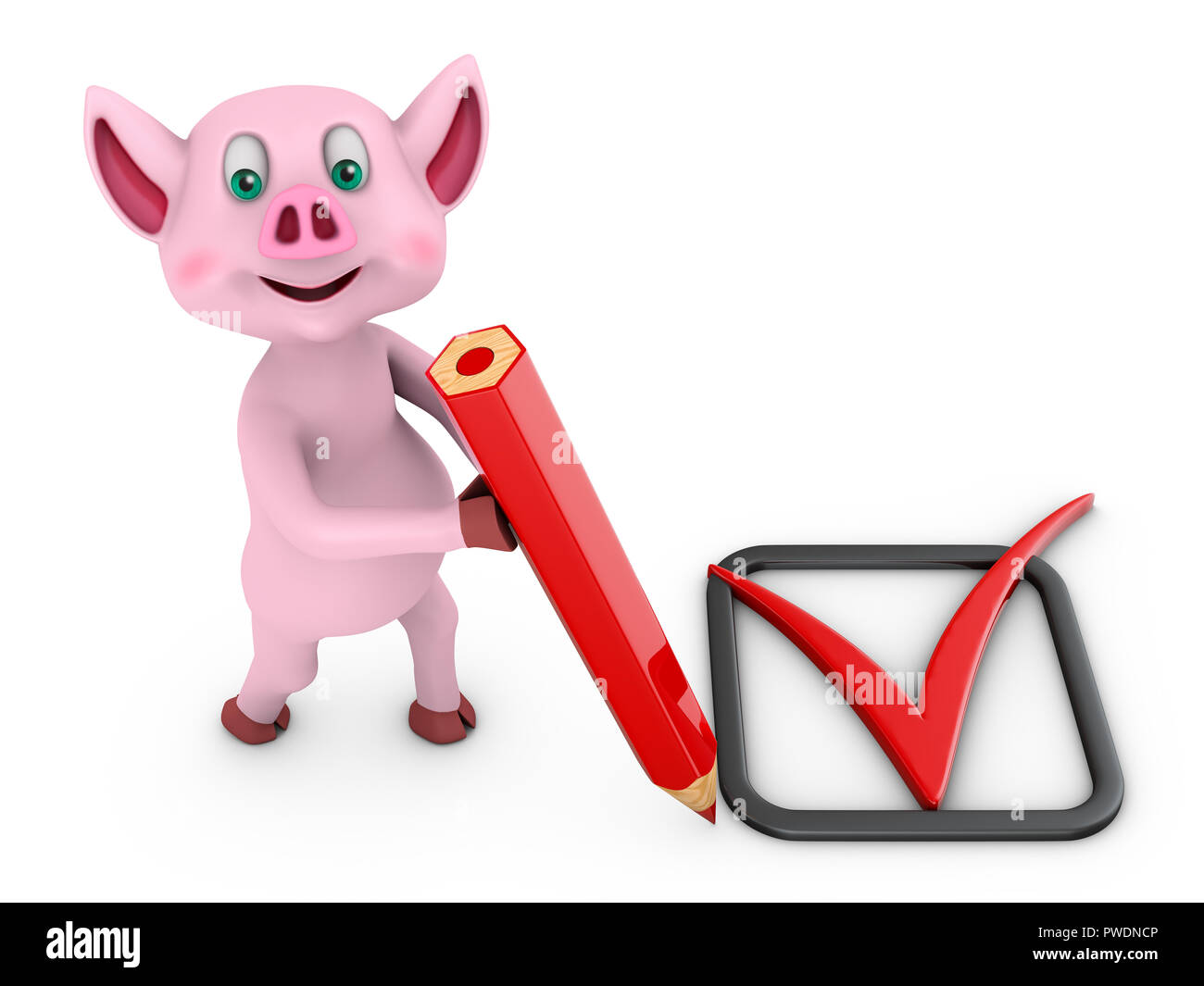 Cochon rose avec un crayon rouge. 3D render Banque D'Images