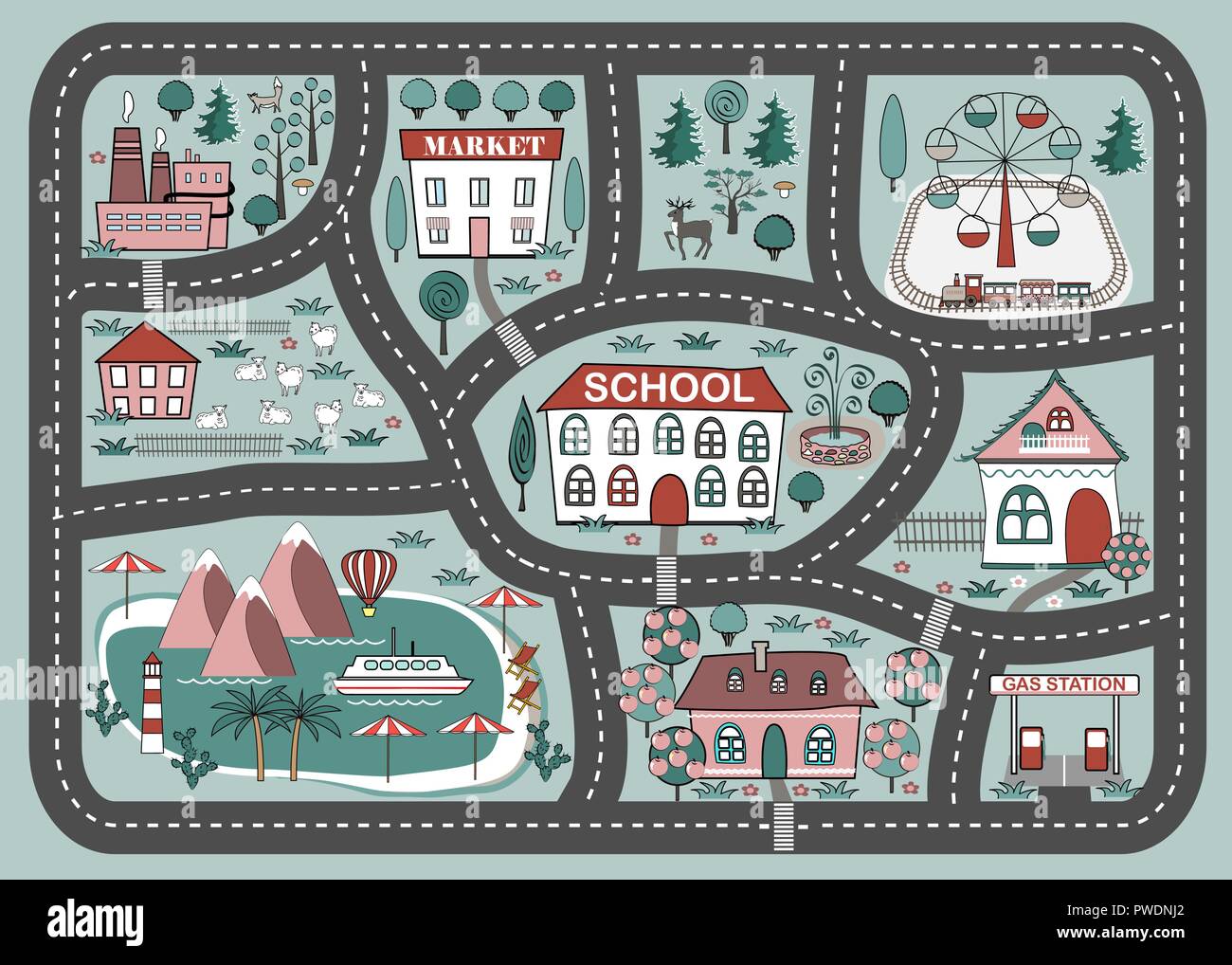 Tapis de jeu pour les enfants d'activités et de divertissements. Paysage ville Cartoon Illustration de Vecteur