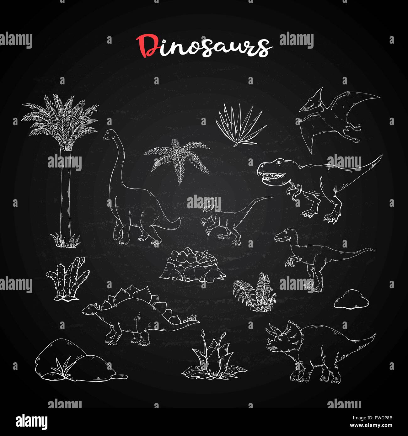 Jeu de dinosaures,collection avec des plantes sur la craie tableau noir. Illustration de Vecteur