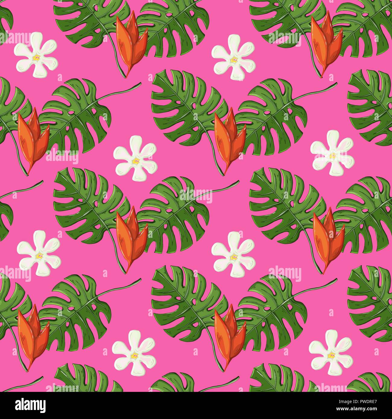 Avec motif Tropical monstera feuilles et fleurs sur une rose Illustration de Vecteur