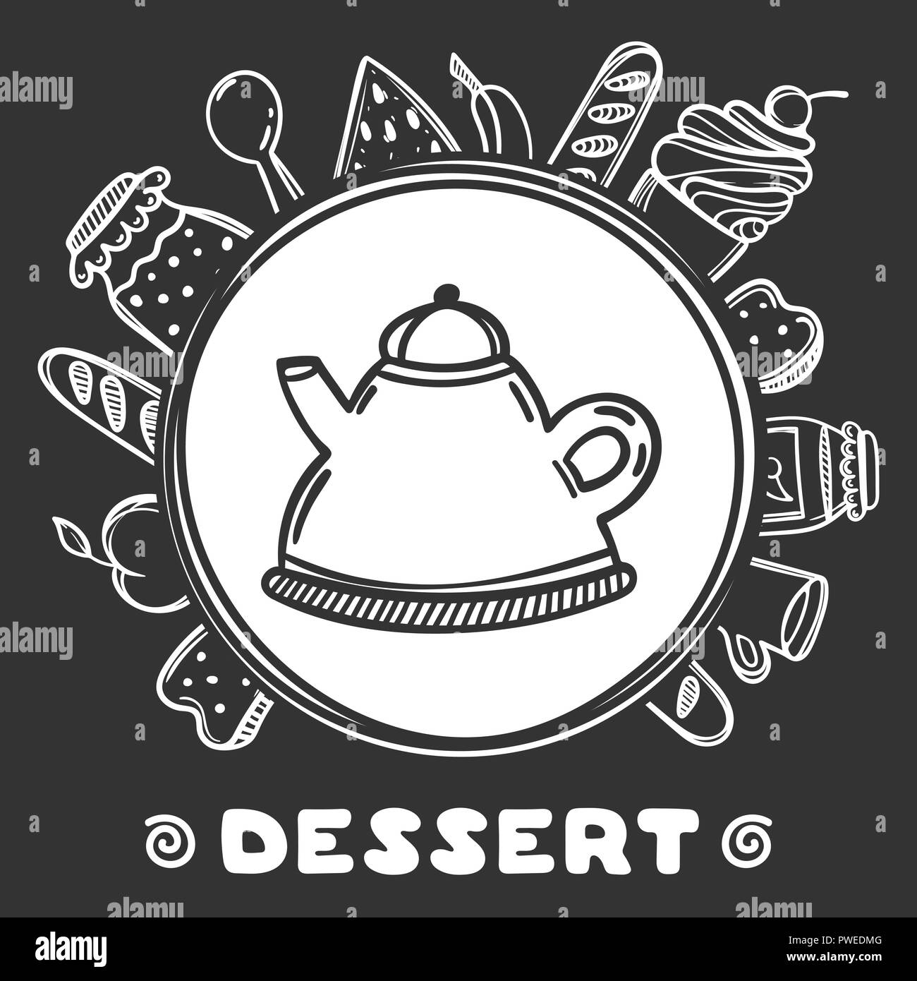 Cartoon théière avec la nourriture sur fond noir. Illustration à la main. Temps de dessert. Illustration de Vecteur