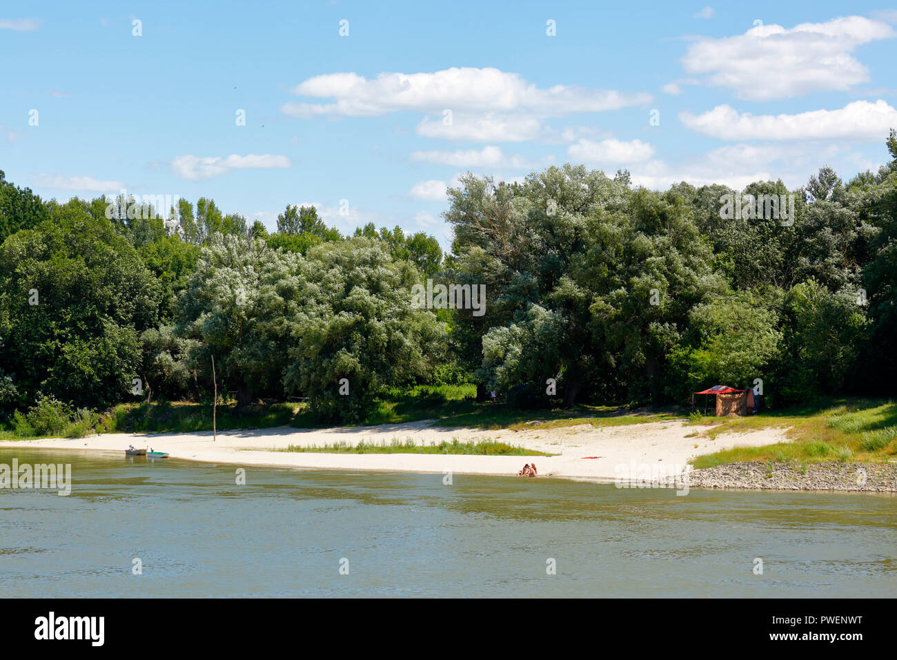 La Hongrie, l'Kandafok sur le Danube entre Mohacs et Dunaszekcsoe, Transdanubia, Southern Transdanubia, Baranya, Parc National Danube-Drava, paysage, paysage de la rivière du Danube, rive du Danube, Riverwalk, boisés, Danube, plage de sable, Strand, des gens assis sur le bord de l'eau, les baigneurs, tente, camping-car Banque D'Images