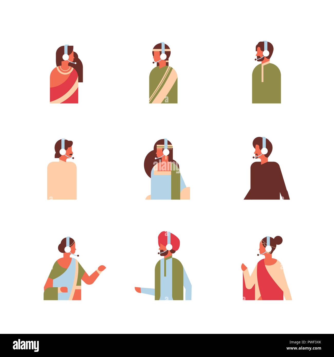 Définir différents homme femme indienne avatar casque call center services support en ligne concept hindu femme homme collection de portraits de personnages de dessins animés télévision isolés Illustration de Vecteur