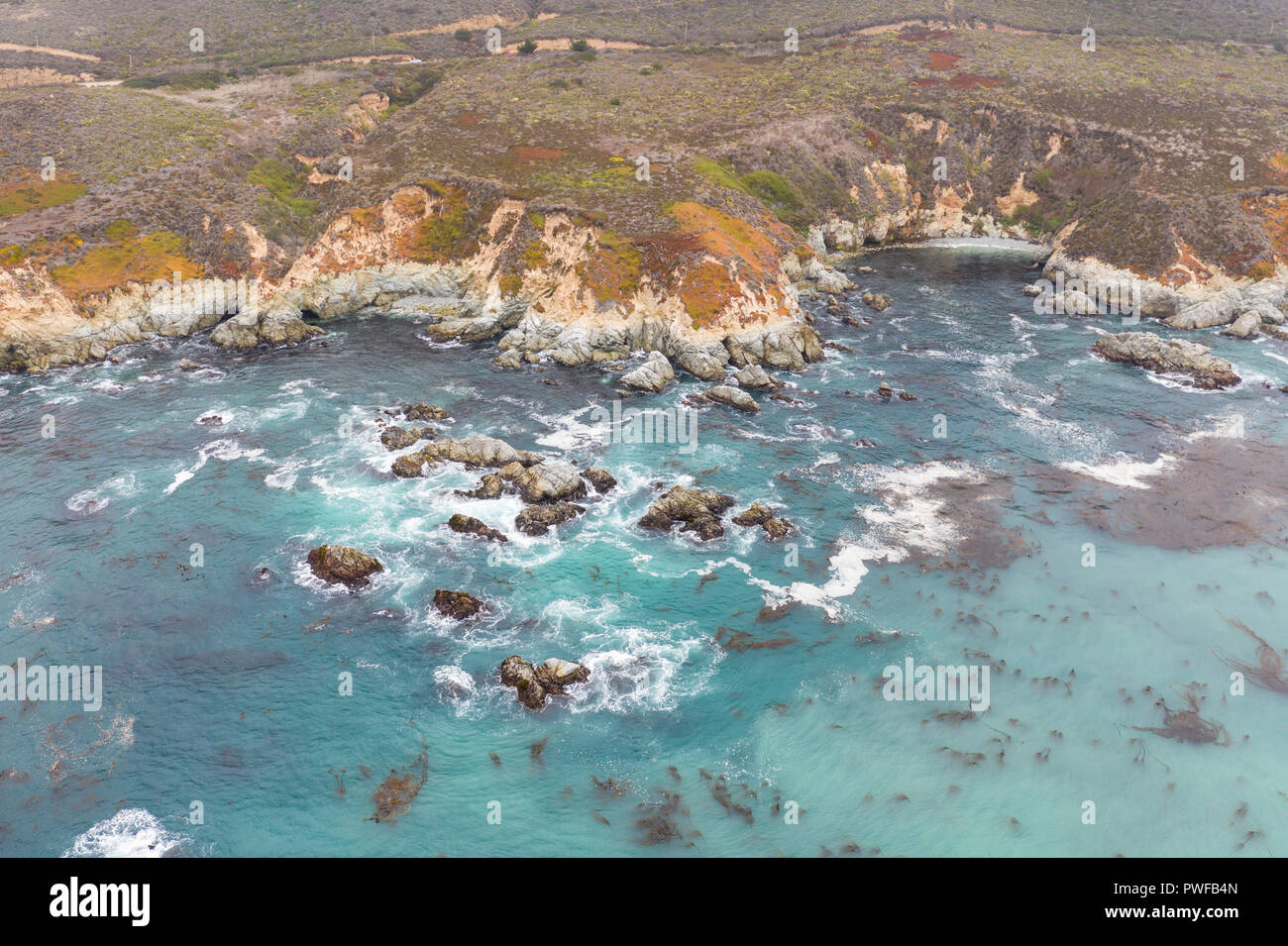 Le froid, les eaux riches en nutriments de l'océan Pacifique Nord laver contre la côte pittoresque et rocheuses du nord de la Californie non loin de Monterey. Banque D'Images