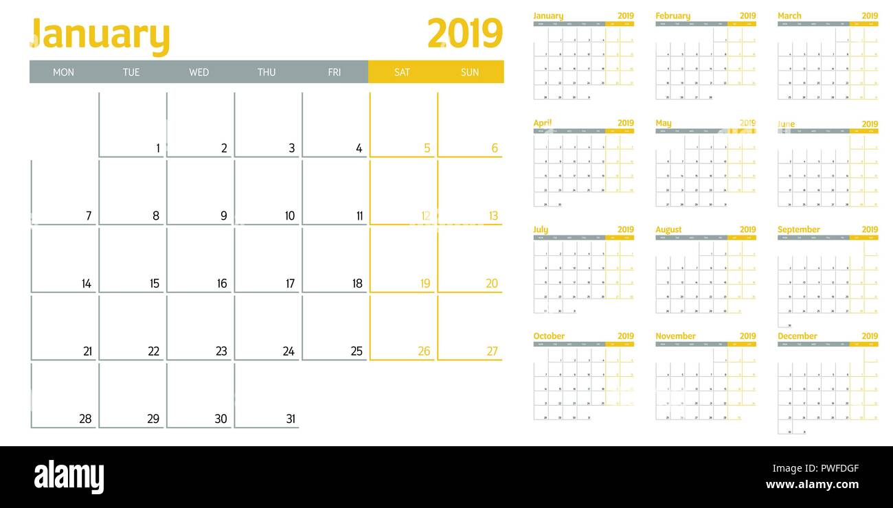 Planificateur de calendrier modèle 2019 vector illustration tous les 12 mois semaine commence le lundi et indiquer la fin de semaine le samedi et dimanche Illustration de Vecteur