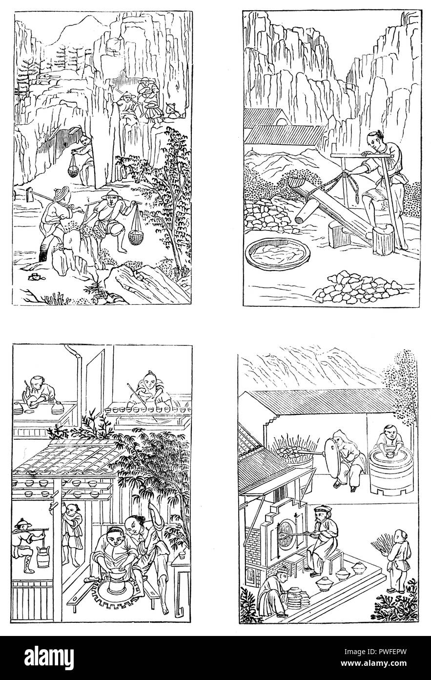 Briser le feldspath (en haut à gauche, battant le feldspath (en haut à droite), les formes sur le disque (en bas à gauche), la combustion dans des fours ouverts et fermés (en bas à droite), 1872 Banque D'Images