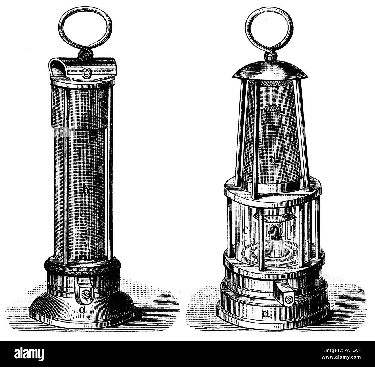 Les lampes de sécurité. Ancienne Davylampe (à gauche), l'amélioration de l'ameublement par Mueseler (à droite), Banque D'Images