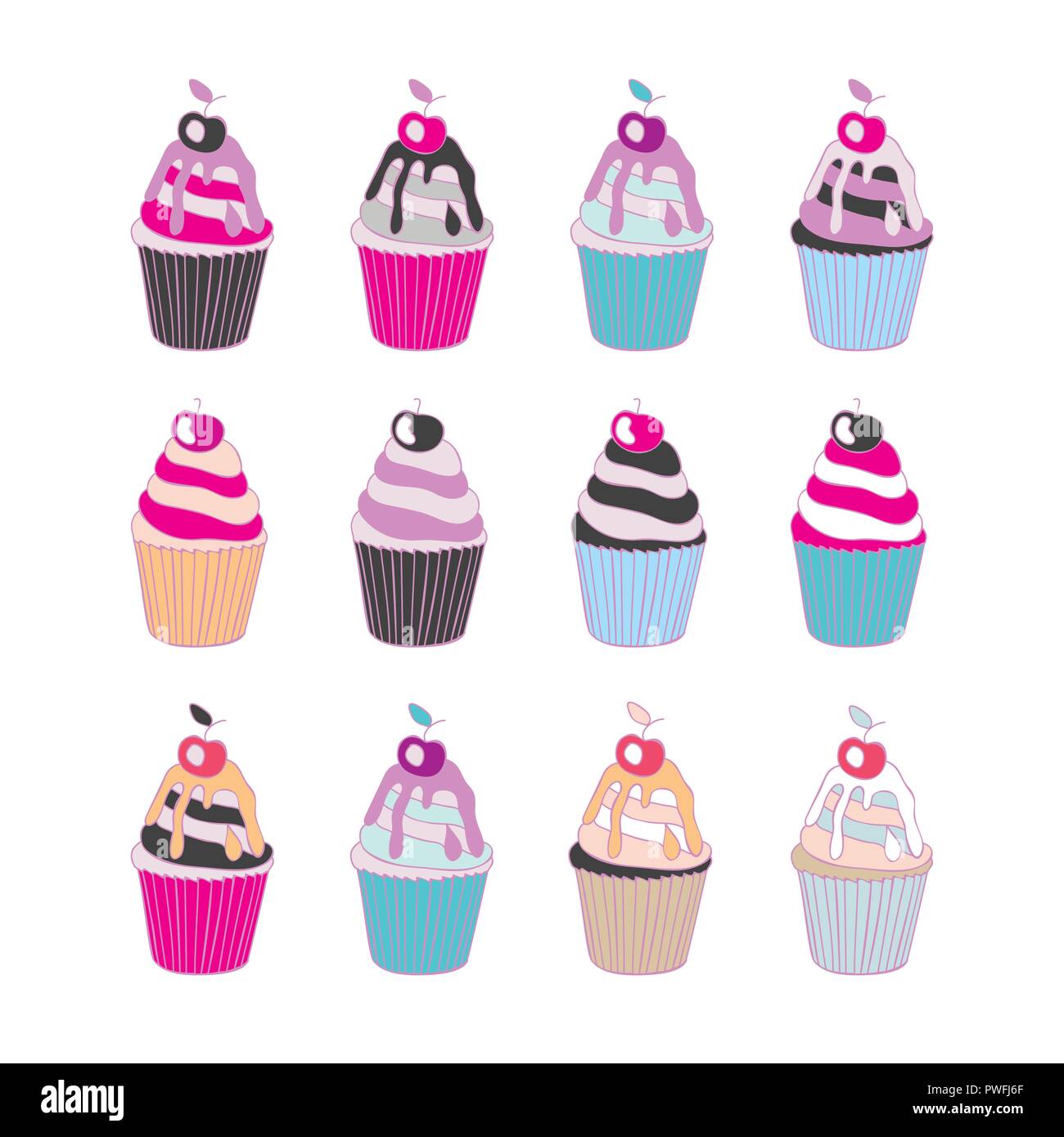 Ensemble de 12 cupcakes mignon isolé sur fond blanc Illustration de Vecteur