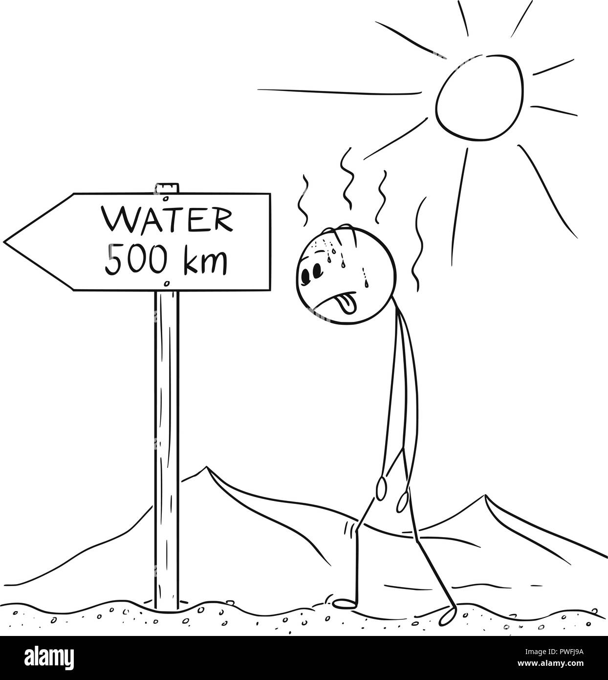 Caricature de l'homme assoiffé de marche à travers le désert et trouvé de l'eau signe 500 km ou en kilomètres Illustration de Vecteur