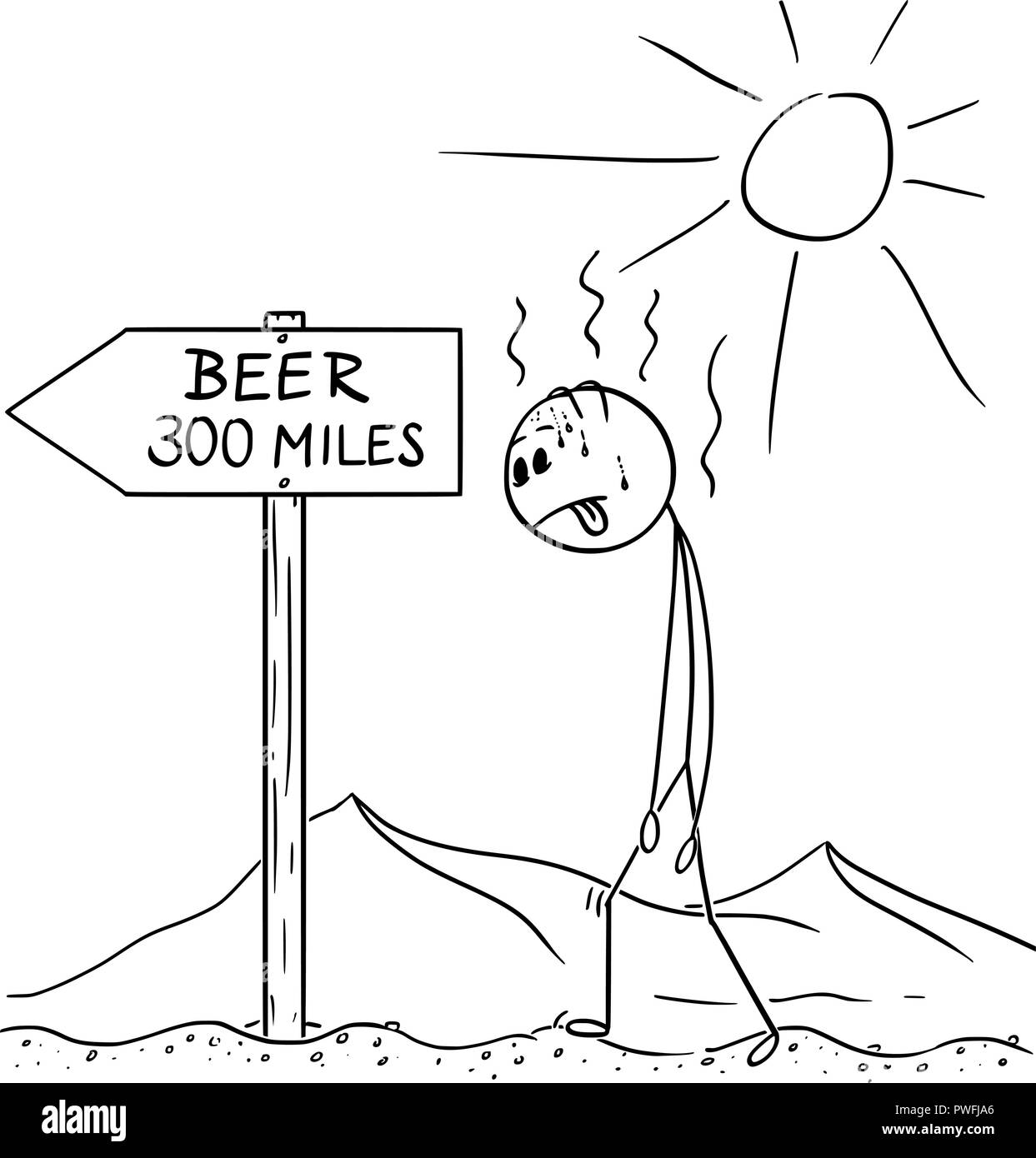 Caricature de l'homme assoiffé de marche à travers le désert et trouvé la bière signe 300 Miles ou Kilomètres Illustration de Vecteur