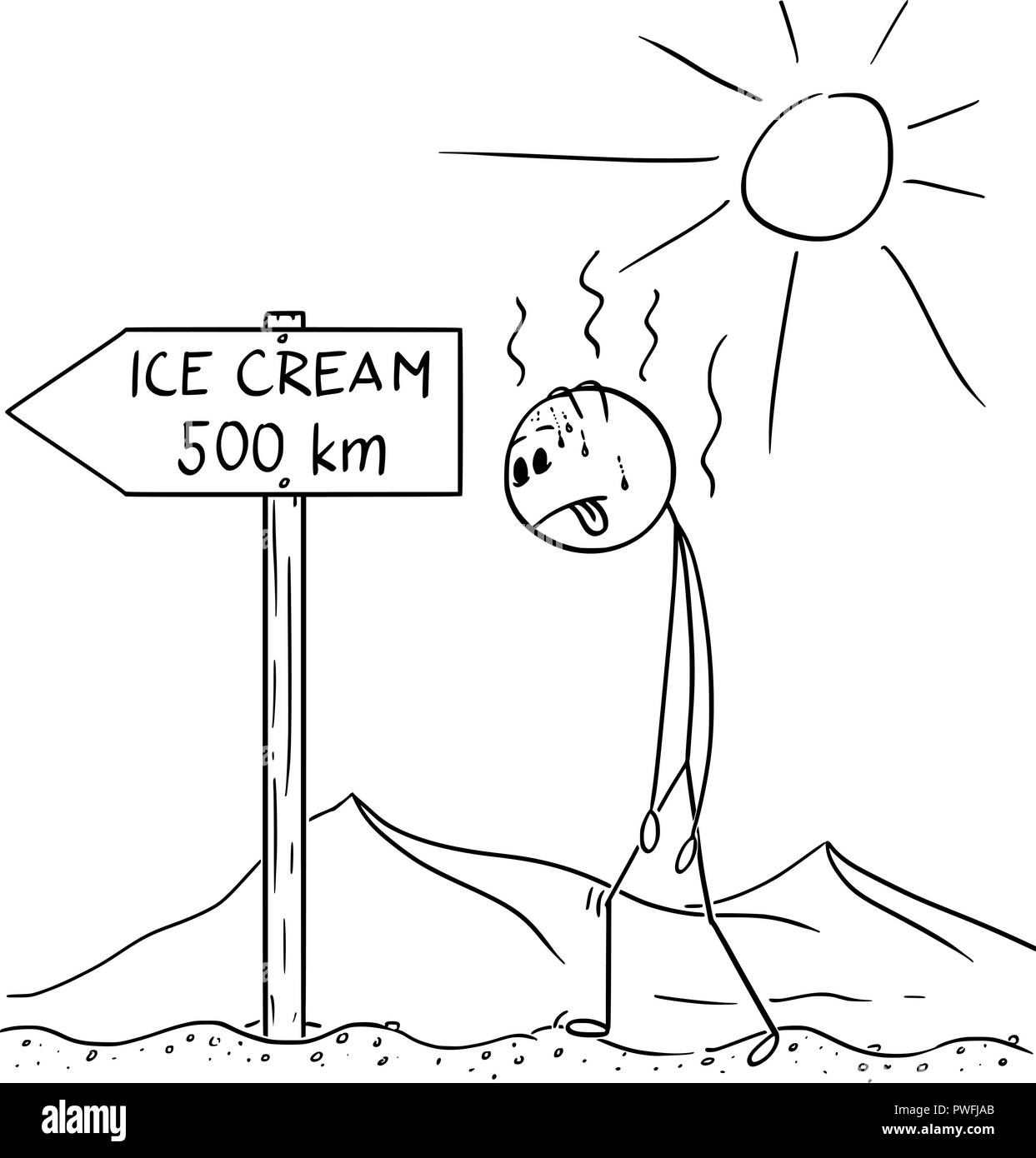 Caricature de l'homme assoiffé de marche à travers le désert et la crème glacée signe trouvé 500 km ou en kilomètres Illustration de Vecteur