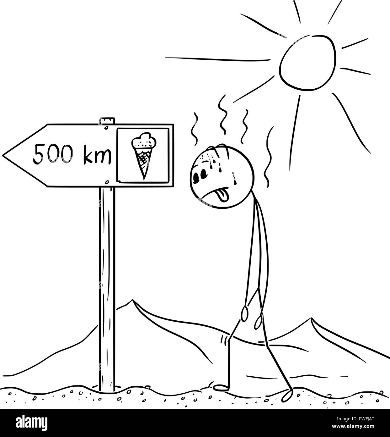 Caricature de l'homme assoiffé de marche à travers le désert et la crème glacée signe trouvé 500 km ou en kilomètres Illustration de Vecteur