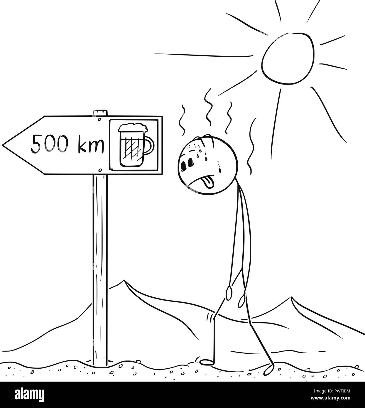 Caricature de l'homme assoiffé de marche à travers le désert et trouvé la bière signe 500 km ou en kilomètres Illustration de Vecteur