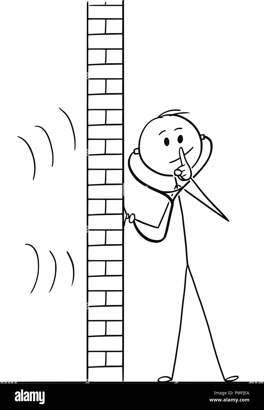 Caricature de l'homme à l'aide de stéthoscope ou Phonendoscope pour espionner et montrant des gestes Silence Illustration de Vecteur