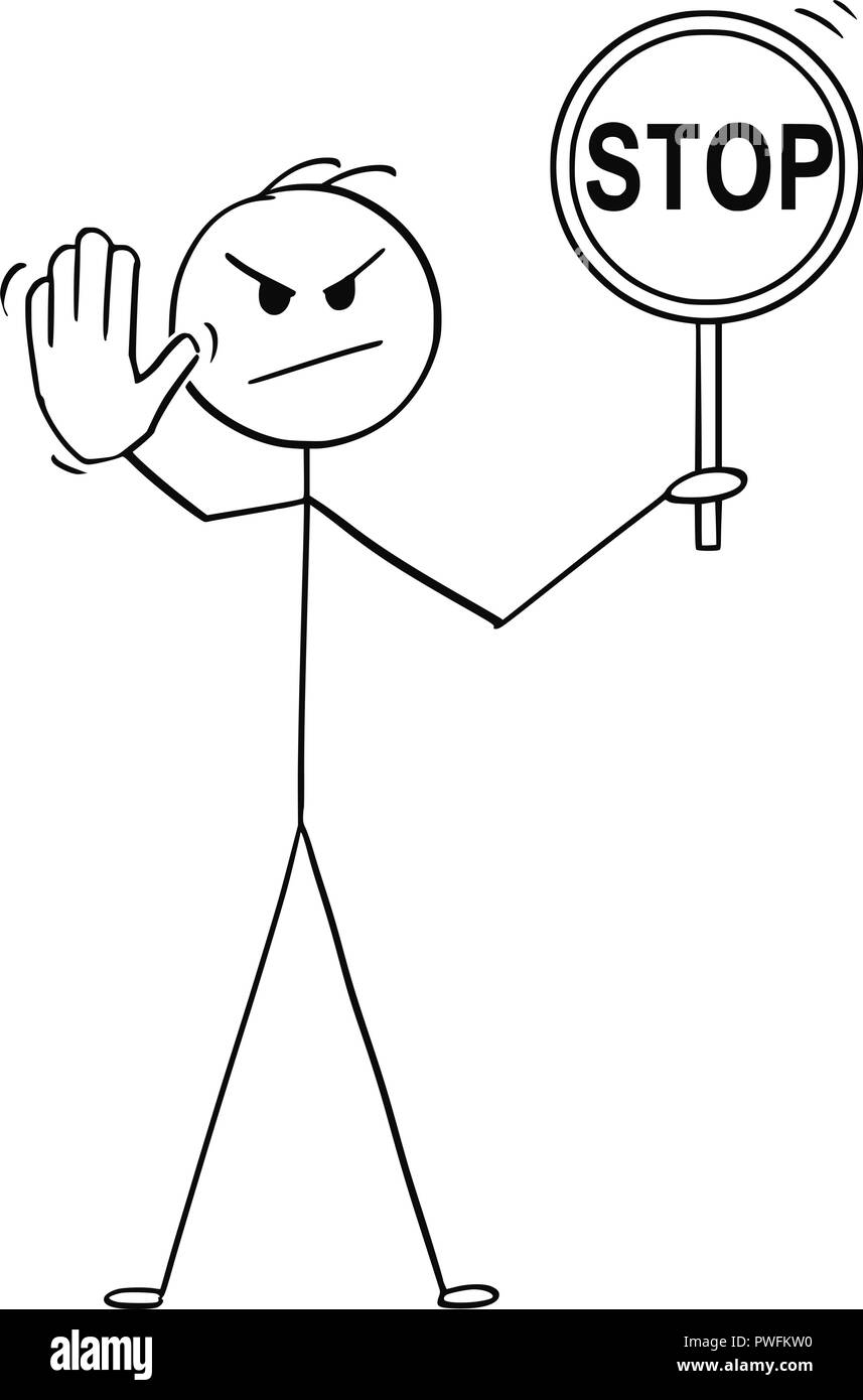 Caricature de l'Homme tenant un panneau d'arrêt et montrant le geste d'arrêt Illustration de Vecteur