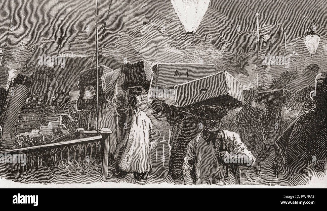 5 heures dans le marché aux poissons de Billingsgate, Londres, Angleterre au xixe siècle. Ce bâtiment du marché a été ouvert en 1877, le poisson a été présenté dans des bateaux pour les ouvrir avant la rivière et s'est posé dans des paniers ou des boîtes, c'était vendu d'abord à la vente en gros et puis le marchands au détail. Photos de Londres, publié en 1890. Banque D'Images