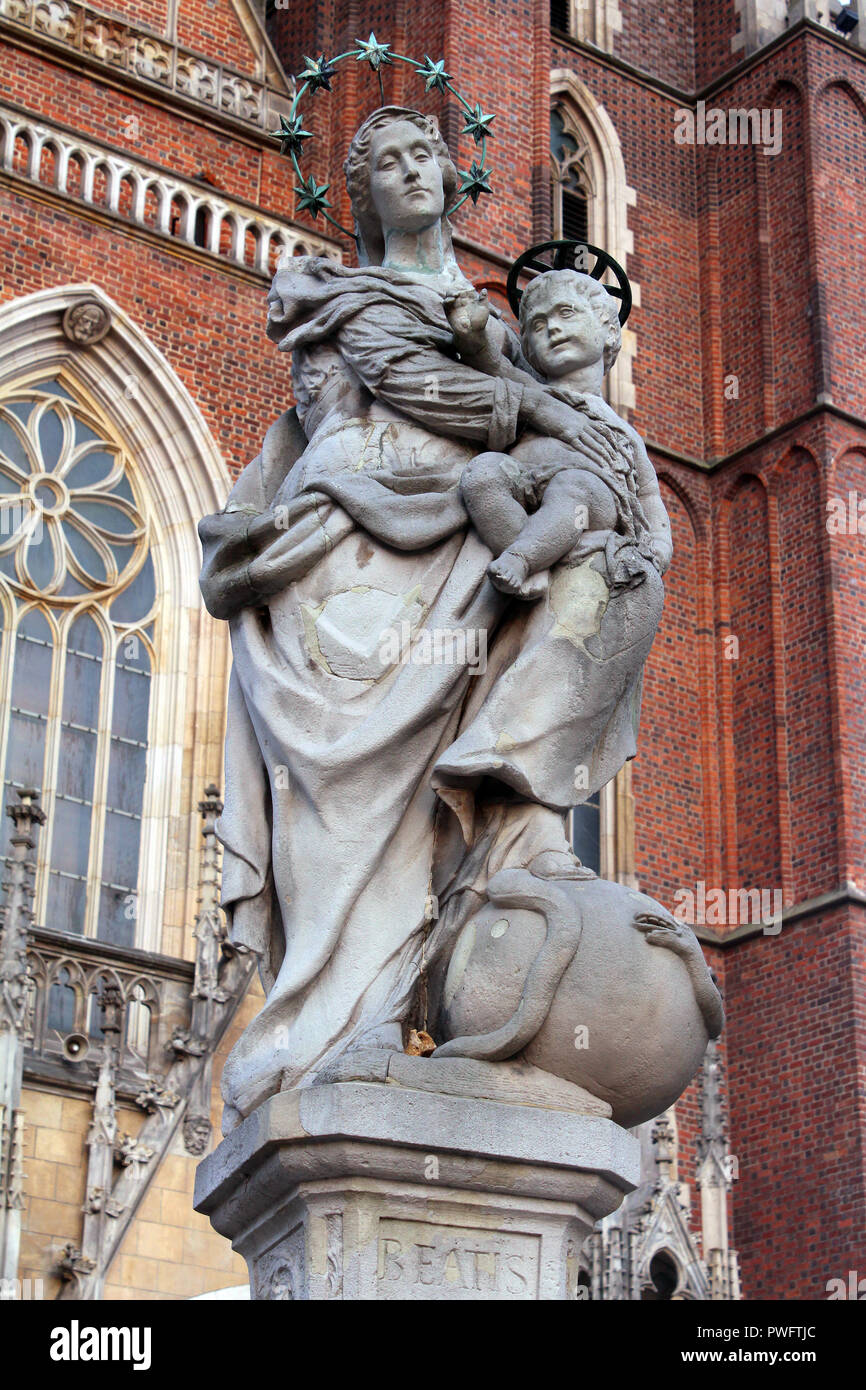 Statue en pierre de Vierge à l'enfant en face de Cathédrale de Saint Jean Baptiste à Ostrow Tumski, Wroclaw, Pologne Banque D'Images