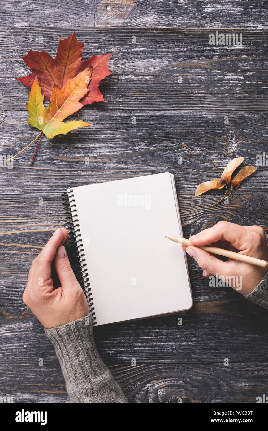 Avec la maquette papier blanc décoré d'ordinateur portable les feuilles d'automne sur la table en bois. Woman's hand writing dans le bloc-notes. Vue de dessus, à la verticale. Banque D'Images