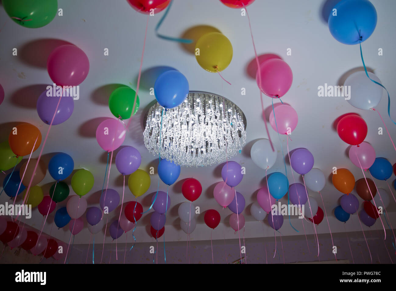 Ballons A L Helium Ballons Colores Flottent Sur Le Plafond Blanc Dans La Chambre Pour Le Parti Un Mariage Ou Une Fete D Anniversaire Enfants Interieur Decoration Photo Stock Alamy