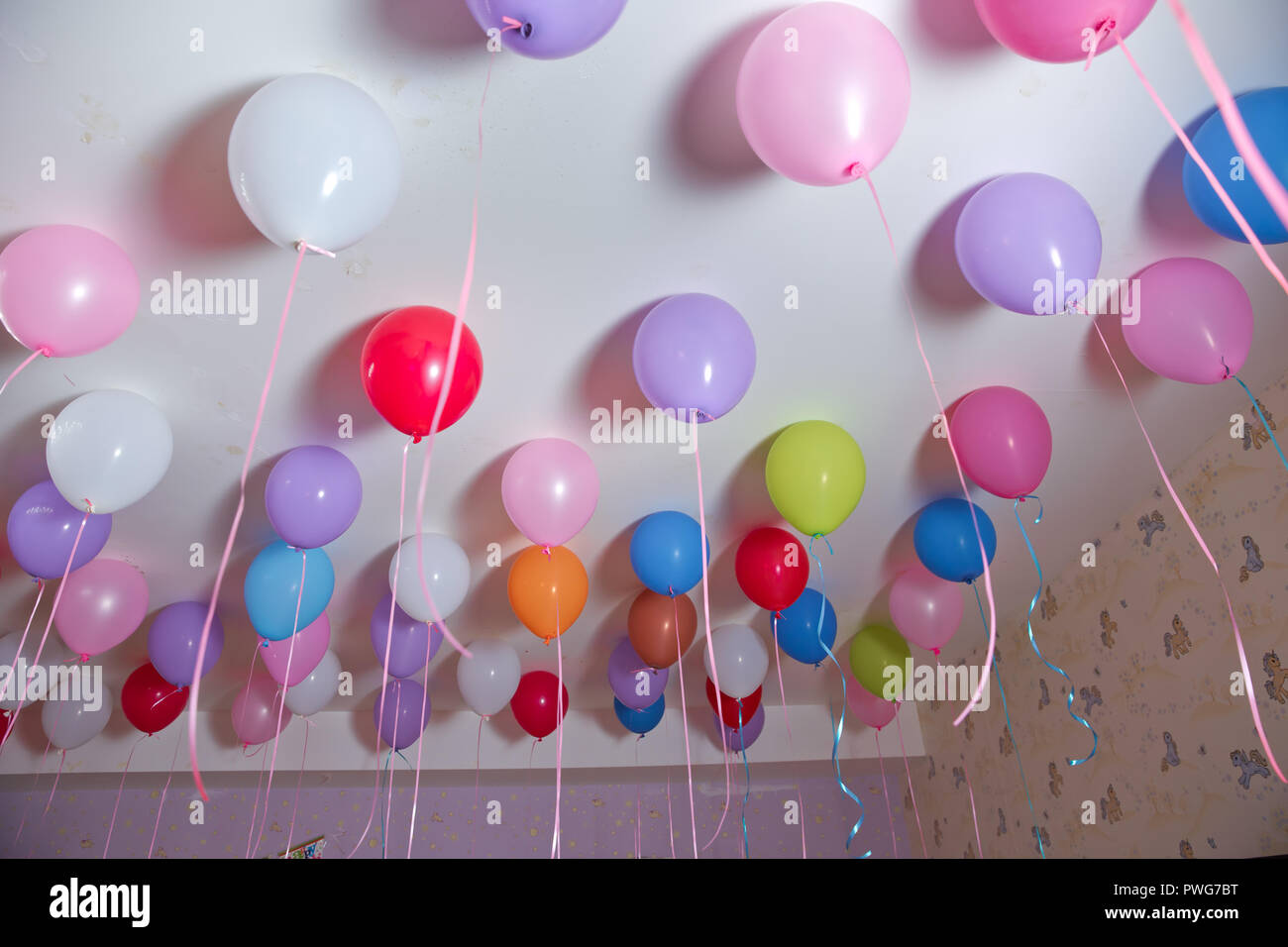 Ballons A L Helium Ballons Colores Flottent Sur Le Plafond Blanc Dans La Chambre Pour Le Parti Un Mariage Ou Une Fete D Anniversaire Enfants Interieur Decoration Photo Stock Alamy