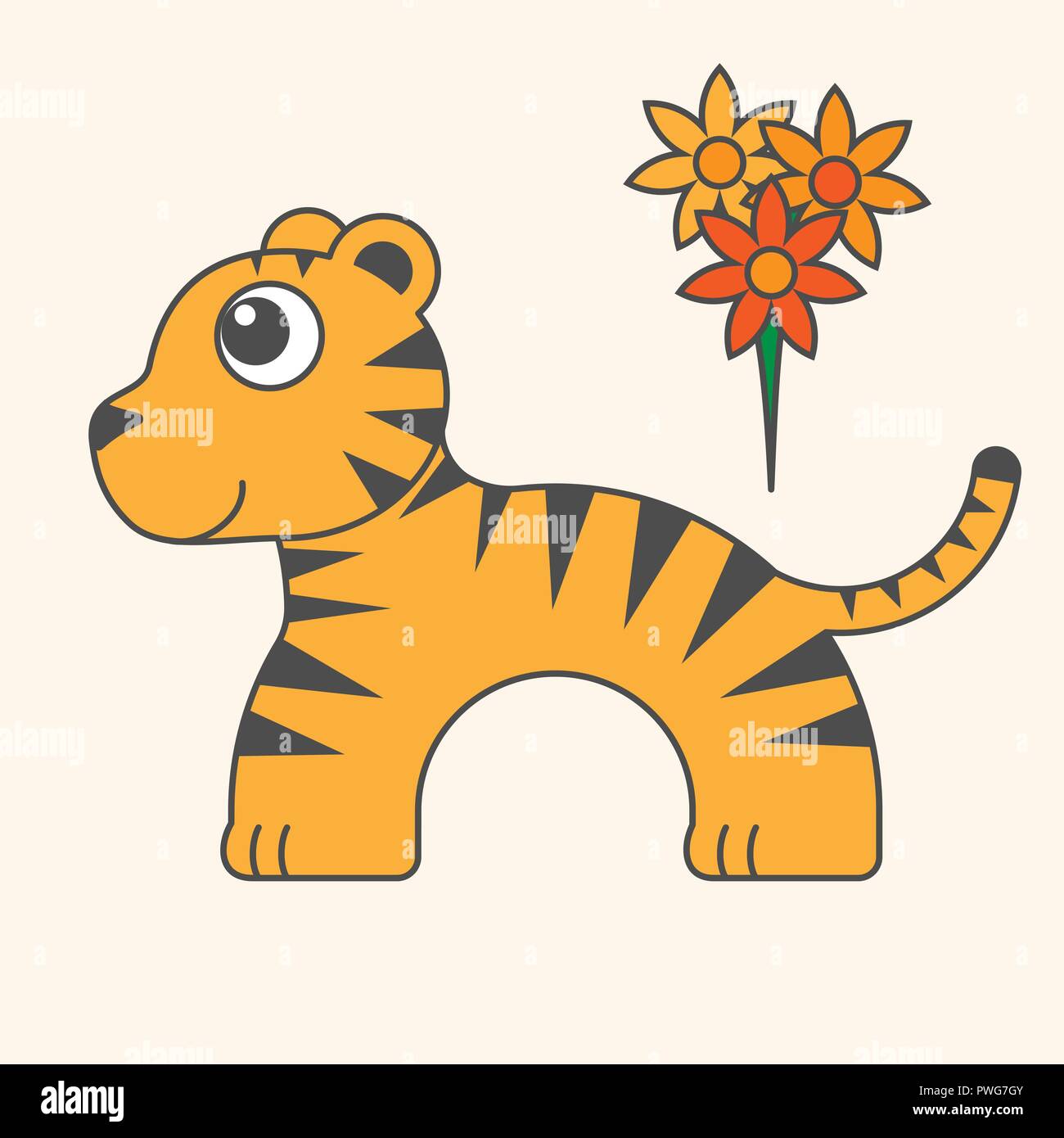 Tigre dessin animé pour les enfants. L'illustration pour enfants. Modèle plat. Animal en style minimaliste. Série d'animaux semi-circulaire Illustration de Vecteur