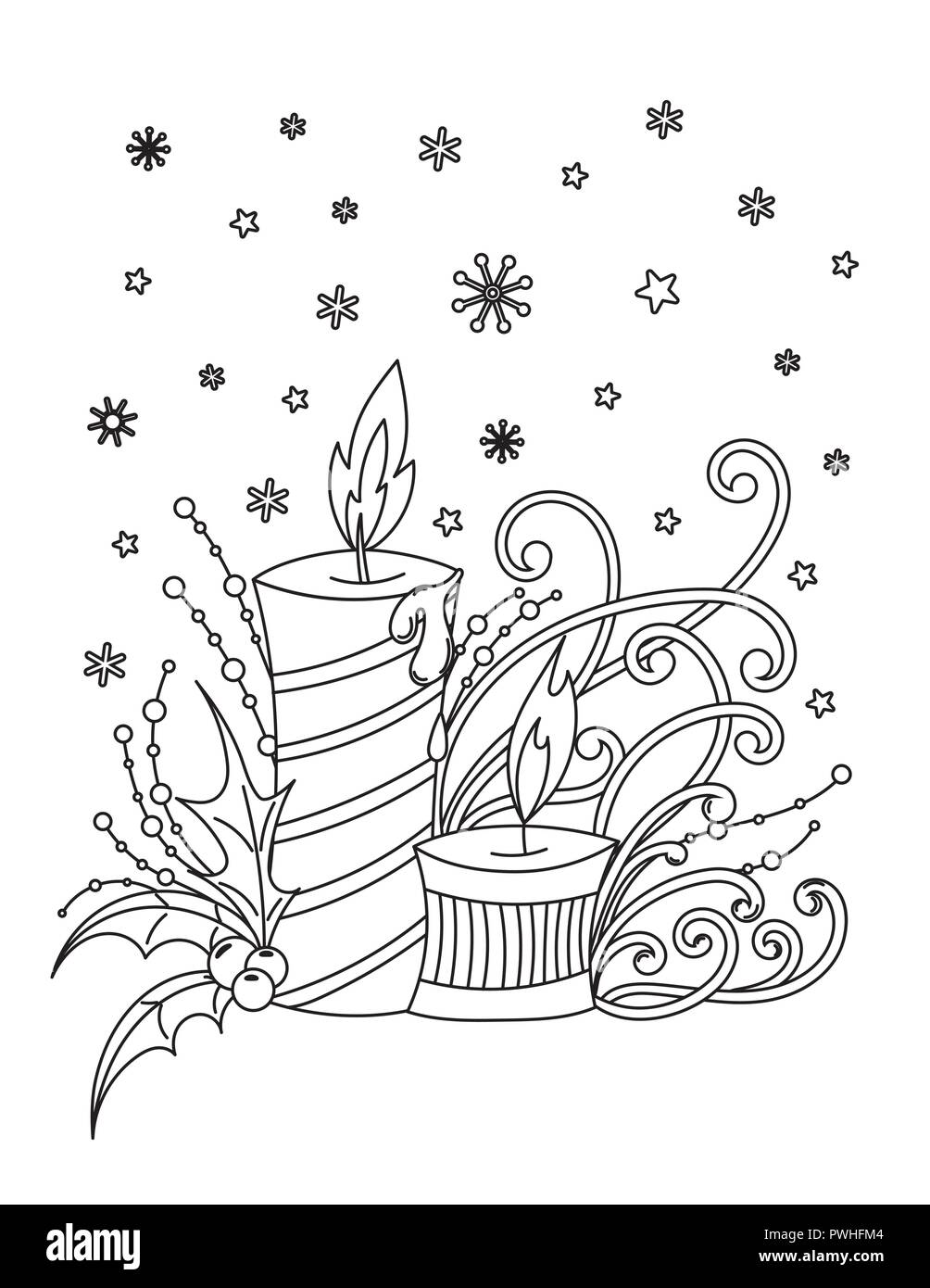 Coloriages de Noël. Livre de coloriage adultes. Décor de vacances, candales vallonné, massothérapeutes, rubans et les flocons. Hand drawn vector illustration. Illustration de Vecteur