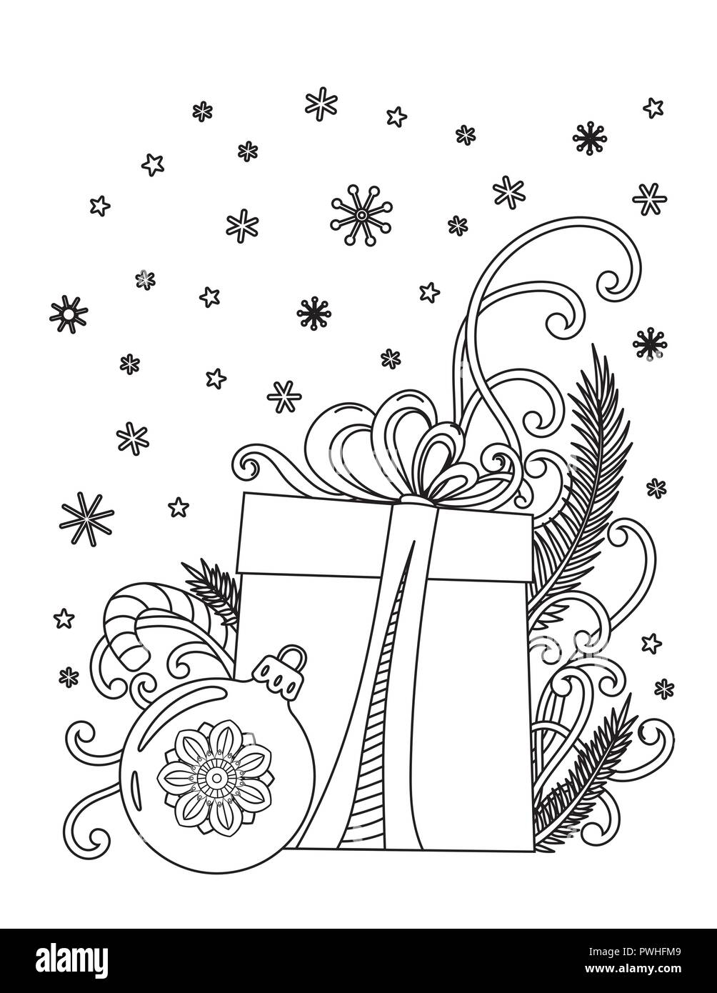 Coloriages de Noël. Livre de coloriage adultes. Cadeaux des fêtes et decore. Hand drawn vector illustration. Illustration de Vecteur